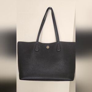 Tory Burch Black Pebbled Leather Shoulder Tote with Gold Logo